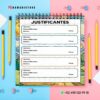 AGENDA DOCENTE PRIMARIA 2025-2026 VANGH 14 Un formulario de justificación de ausencia estudiantil a todo color con secciones para el nombre del estudiante, los días justificados, el motivo y la firma. Está rodeado de lápices, clips y datos de contacto; el fondo está dividido en rosa y azul.