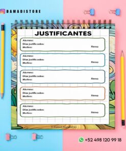 Un formulario de justificación de ausencia estudiantil a todo color con secciones para el nombre del estudiante, los días justificados, el motivo y la firma. Está rodeado de lápices, clips y datos de contacto; el fondo está dividido en rosa y azul.
