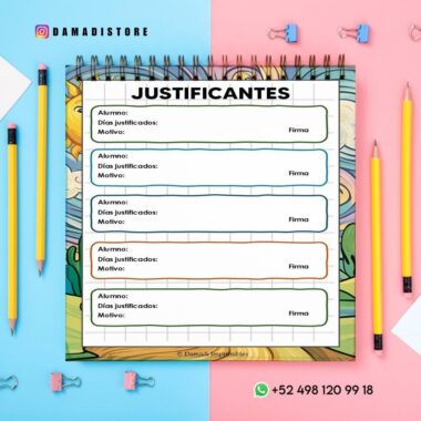 Un formulario de justificación de ausencia estudiantil a todo color con secciones para el nombre del estudiante, los días justificados, el motivo y la firma. Está rodeado de lápices, clips y datos de contacto; el fondo está dividido en rosa y azul.