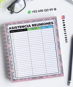Un cuaderno de espiral abierto a una hoja de asistencia a una reunión titulada 