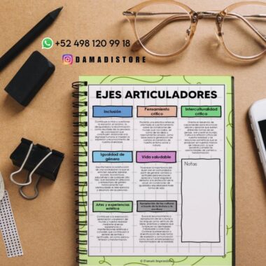 Un cuaderno de espiral abierto en una colorida página titulada "Ejes Articuladores" descansa sobre un escritorio con gafas, un bolígrafo, clips, un teléfono y una goma de borrar. La página del cuaderno tiene cuadros de texto organizados y espacio para notas.