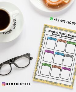 Un diseño plano de una taza de café, un donut, unas gafas y un cuaderno de espiral titulado 