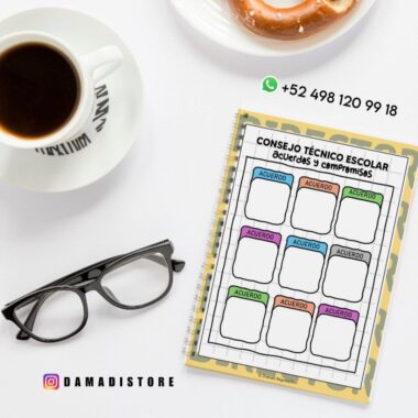 Un diseño plano de una taza de café, un donut, unas gafas y un cuaderno de espiral titulado "CONSEJO TÉCNICO ESCOLAR Acuerdos y compromisos" con recuadros de colores etiquetados, además de información de contacto y una cuenta de Instagram.