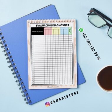 Una hoja de evaluación diagnóstica en un portapapeles está colocada sobre un cuaderno azul de espiral. Cerca hay unas gafas, una taza de café y un bolígrafo. Se ve un número de contacto de WhatsApp y la cuenta de Instagram @damadistore.