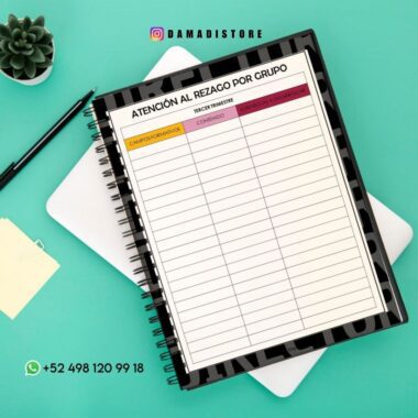 Un cuaderno de espiral con una tabla titulada "Atención al rezago por grupo" descansa sobre una carpeta turquesa junto a una pequeña suculenta y notas adhesivas. En la parte inferior aparecen los datos de contacto de WhatsApp de DamaDistore.