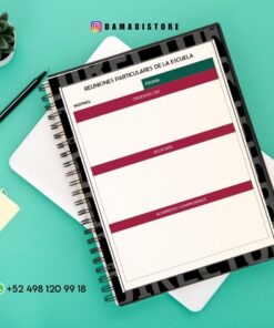 Un cuaderno de espiral con una plantilla de notas de reunión en español descansa sobre un escritorio con un bolígrafo, notas adhesivas, una maceta y un smartphone. Se ven los datos de contacto de WhatsApp y la cuenta de Instagram @damadistore.