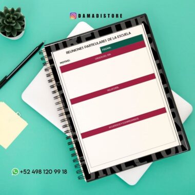 Un cuaderno de espiral con una plantilla de notas de reunión en español descansa sobre un escritorio con un bolígrafo, notas adhesivas, una maceta y un smartphone. Se ven los datos de contacto de WhatsApp y la cuenta de Instagram @damadistore.