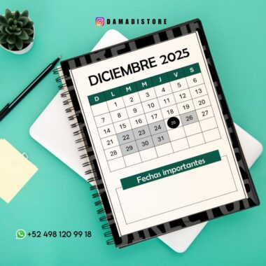 Un cuaderno de espiral muestra un calendario de diciembre de 2025, con el día 25 rodeado por un círculo. A su lado hay un bolígrafo verde, una pequeña planta de cactus, notas adhesivas y un teléfono blanco que muestra un número de WhatsApp.