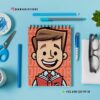 Sobre un escritorio azul, rodeado de tijeras, clips, un lápiz, un bolígrafo, unas gafas y una pequeña planta, hay un cuaderno de espiral con un dibujo animado de un niño que sostiene un libro rojo en la portada. La información de contacto aparece en la parte inferior.