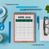 Agenda docente director técnico 2025-2026 rojo 11 Un calendario encuadernado en espiral abierto hasta abril de 2026 sobre un escritorio, rodeado de gafas, bolígrafos, tijeras, clips, un bloc de notas y una planta; también se ven los datos de contacto y la dirección de las redes sociales.