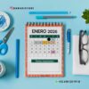 Agenda docente director técnico 2025-2026 rojo 14 Un calendario en espiral abierto hasta enero de 2026 descansa sobre un escritorio azul, rodeado de gafas, tijeras, bolígrafos, clips, una planta y un teléfono blanco. Las fechas clave están marcadas en el calendario. Se incluye información sobre redes sociales y WhatsApp.