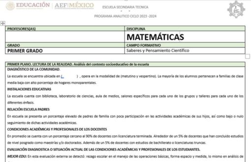 Un documento con membrete de una escuela de México describe el PROGRAMA ANALITICO MATEMATICAS 1 SECUNDARIA para el programa de Matemáticas de Secundaria 2023-2024. Incluye secciones tituladas "Primer Grado" y "Primer Plano. Lectura de la Realidad", que cubren diagnóstico comunitario, instalaciones educativas y roles docentes.