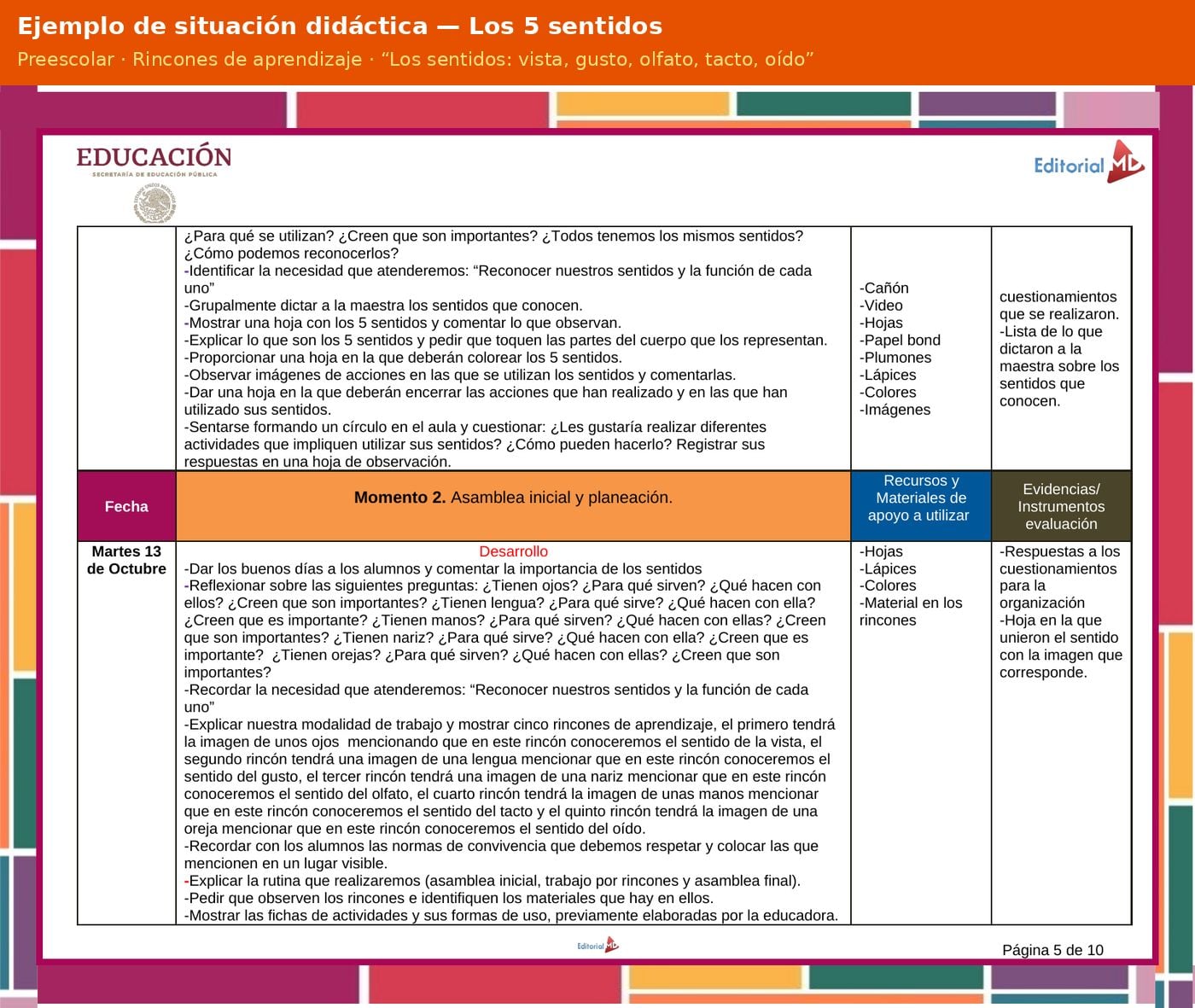 Planeación de los 5 Sentidos para Preescolar 12 Ejemplo de situación didáctica de la planeación Los sentidos: vista, gusto, olfato, tacto, oído para preescolar, modalidad Rincones de aprendizaje, NEM