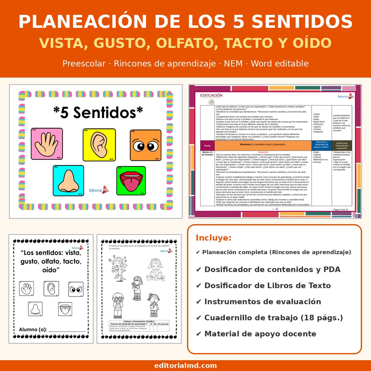 Planeación de los 5 Sentidos para Preescolar 1 Portada de la planeación de los 5 sentidos para preescolar NEM, Rincones de aprendizaje, Word editable