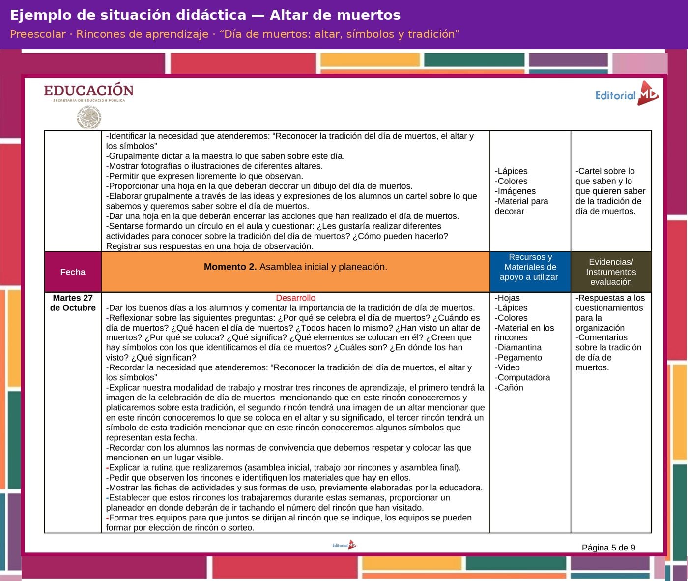 Planeación Altar de Muertos para Preescolar: Símbolos y Tradición 12 Ejemplo de situación didáctica de la planeación Día de muertos: altar, símbolos y tradición para preescolar, modalidad Rincones de aprendizaje, NEM