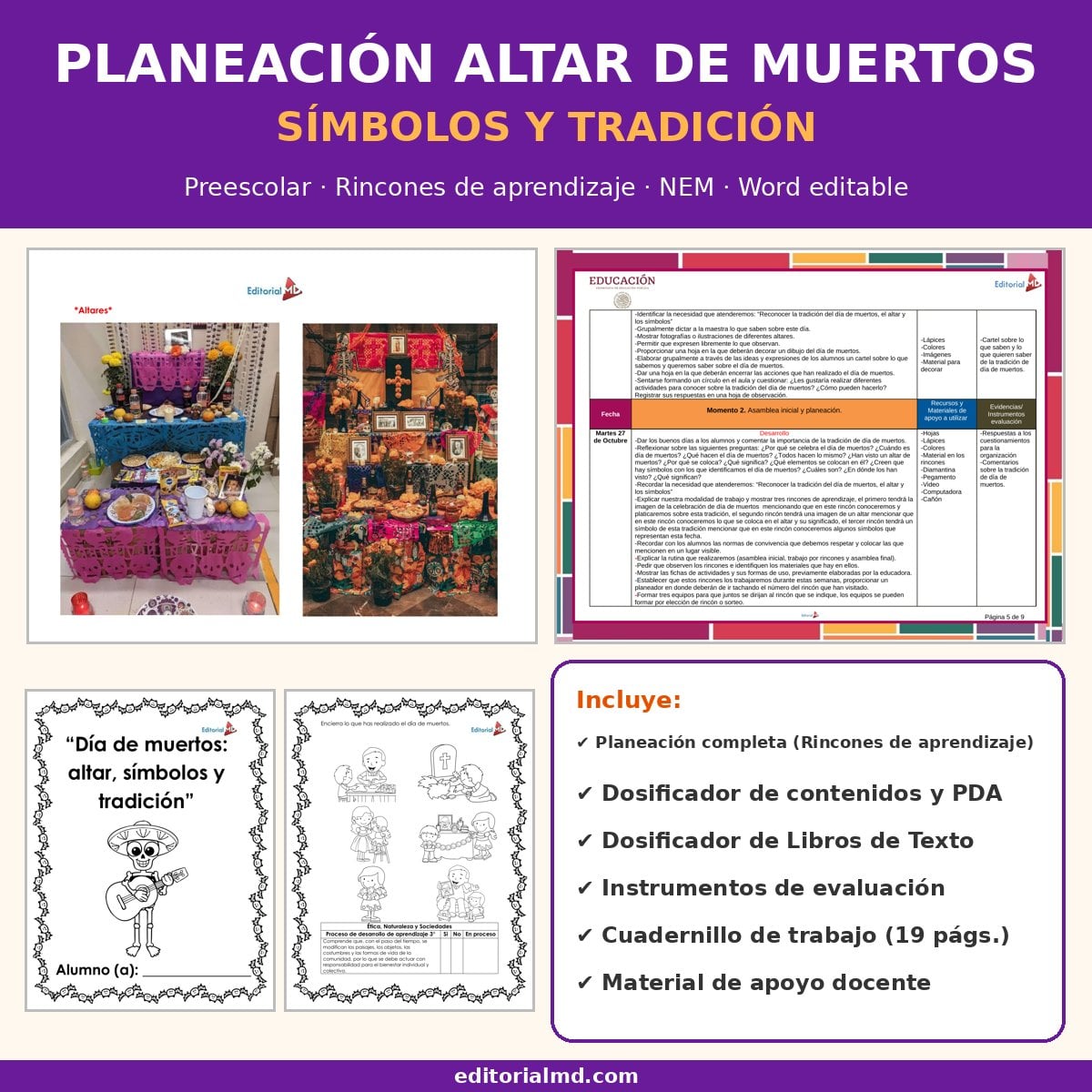 Planeación Altar de Muertos para Preescolar: Símbolos y Tradición 1 Portada de la altar de muertos preescolar NEM, Rincones de aprendizaje, Word editable