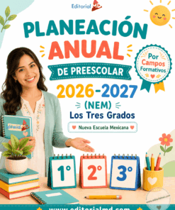 Una mujer sonríe sosteniendo un portapapeles junto a mesas con calendarios abatibles marcados "1º", "2º" y "3º". La imagen promociona la Planeación Anual de Preescolar 2025-2026 NEM (Los Tres Grados) de Editorial MD, basada en el modelo Nueva Escuela Mexicana.