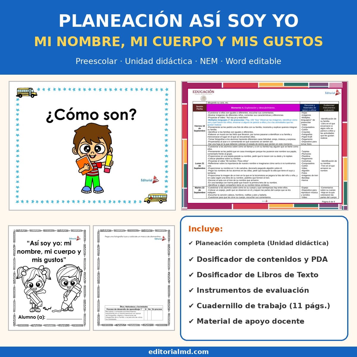Planeación Así Soy Yo: Mi Nombre, Mi Cuerpo y Mis Gustos para Preescolar 1 Portada de la planeación de mi cuerpo para preescolar NEM, Unidad didáctica, Word editable