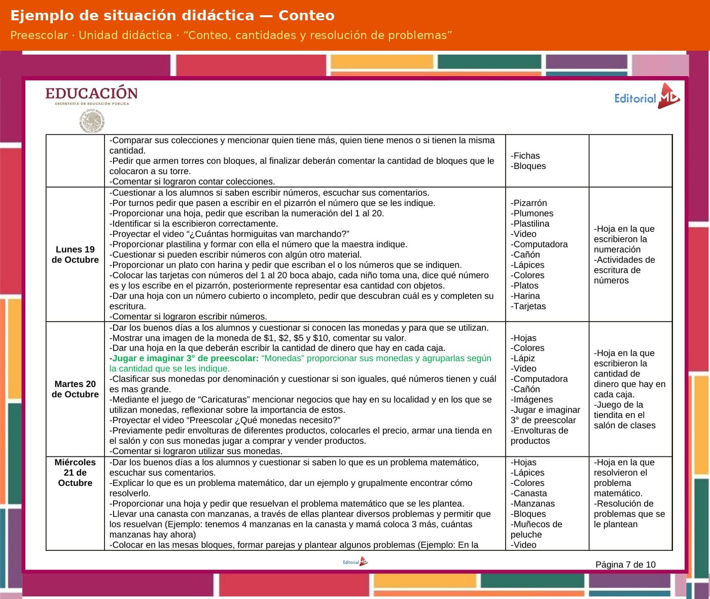 Planeación de Conteo para Preescolar: Cantidades y Resolución de Problemas 12 Ejemplo de situación didáctica de la planeación Conteo, cantidades y resolución de problemas para preescolar, modalidad Unidad didáctica, NEM