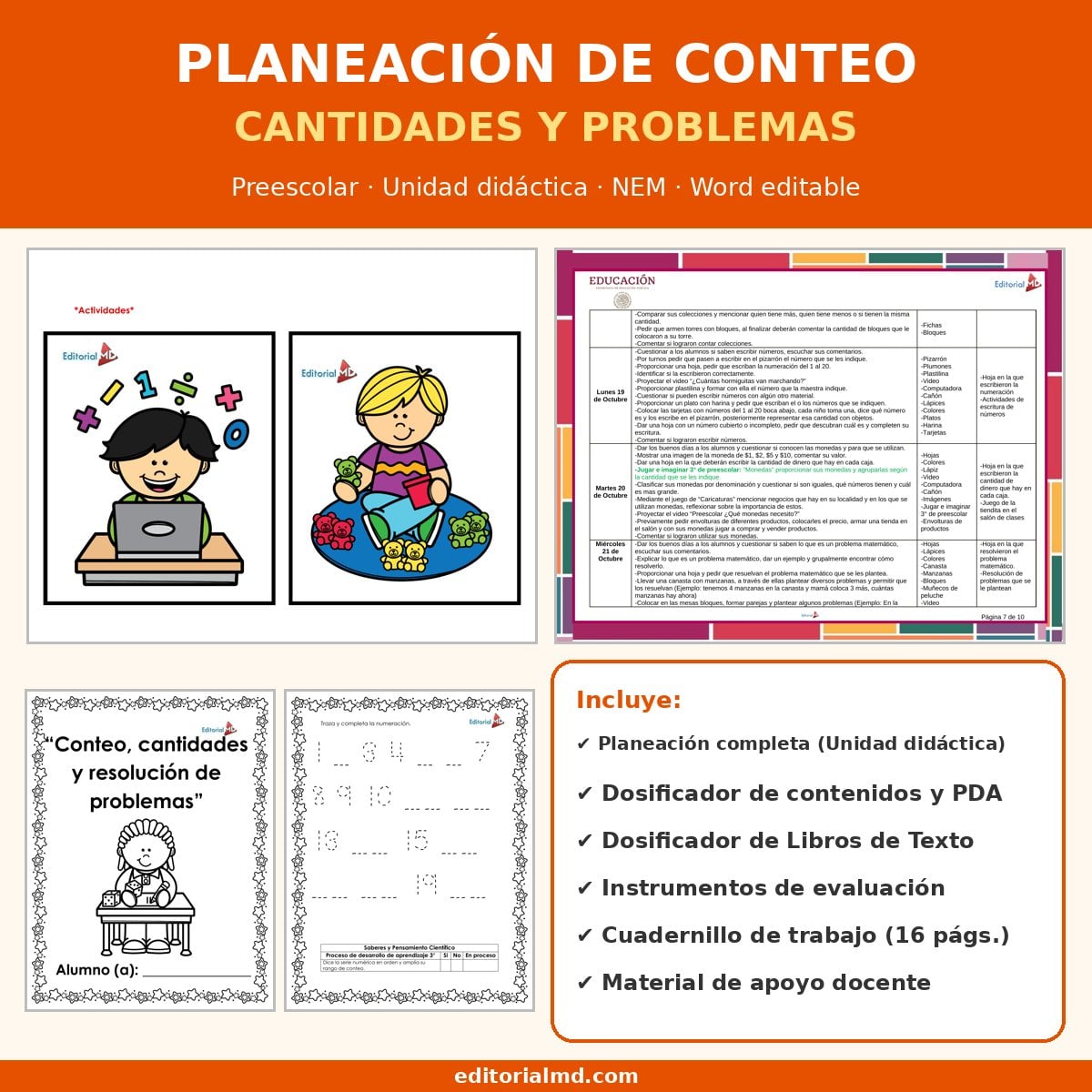 Planeación de Conteo para Preescolar: Cantidades y Resolución de Problemas 1 Portada de la planeación de conteo preescolar NEM, Unidad didáctica, Word editable