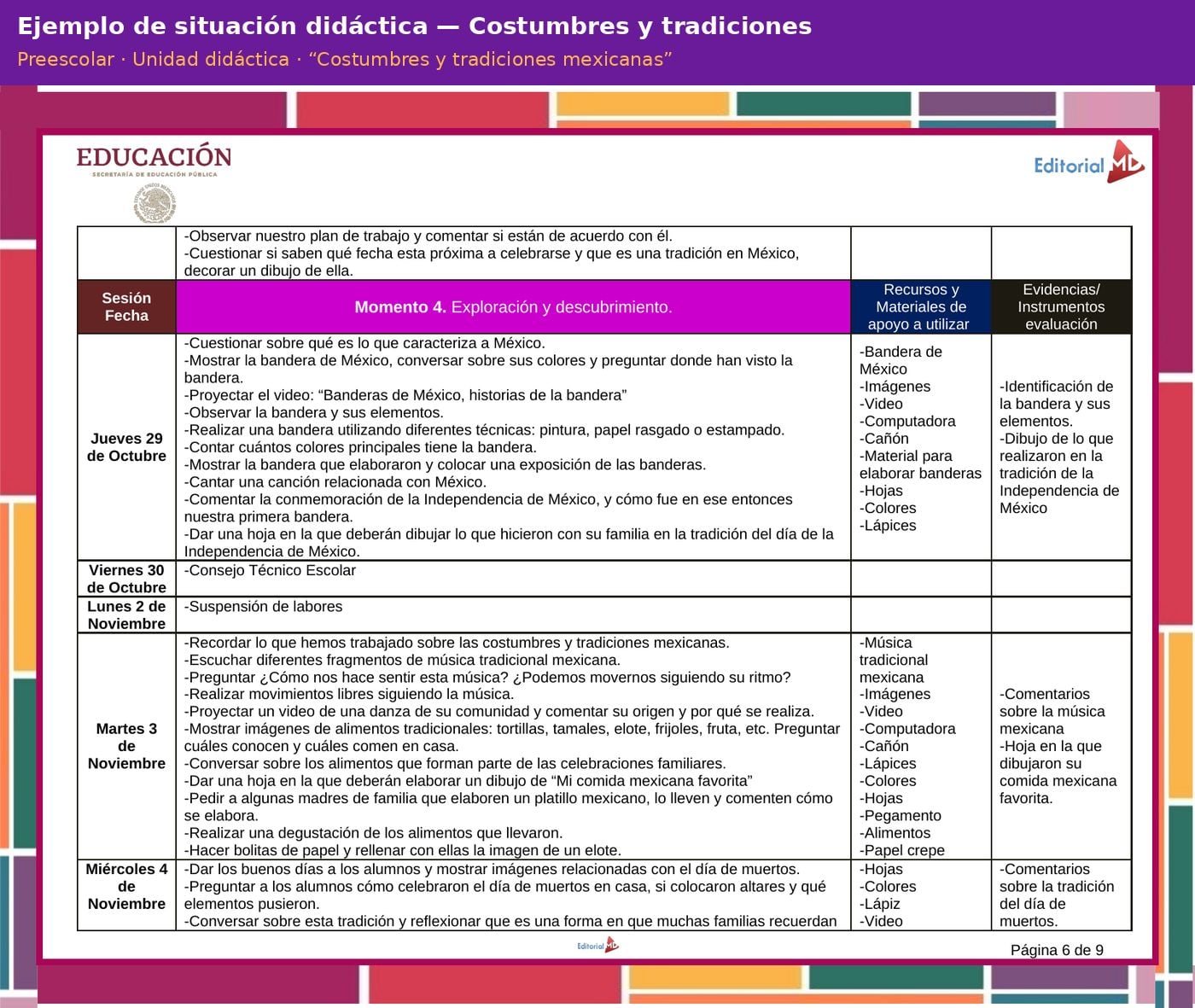 Planeación de Costumbres y Tradiciones Mexicanas para Preescolar 12 Ejemplo de situación didáctica de la planeación Costumbres y tradiciones mexicanas para preescolar, modalidad Unidad didáctica, NEM