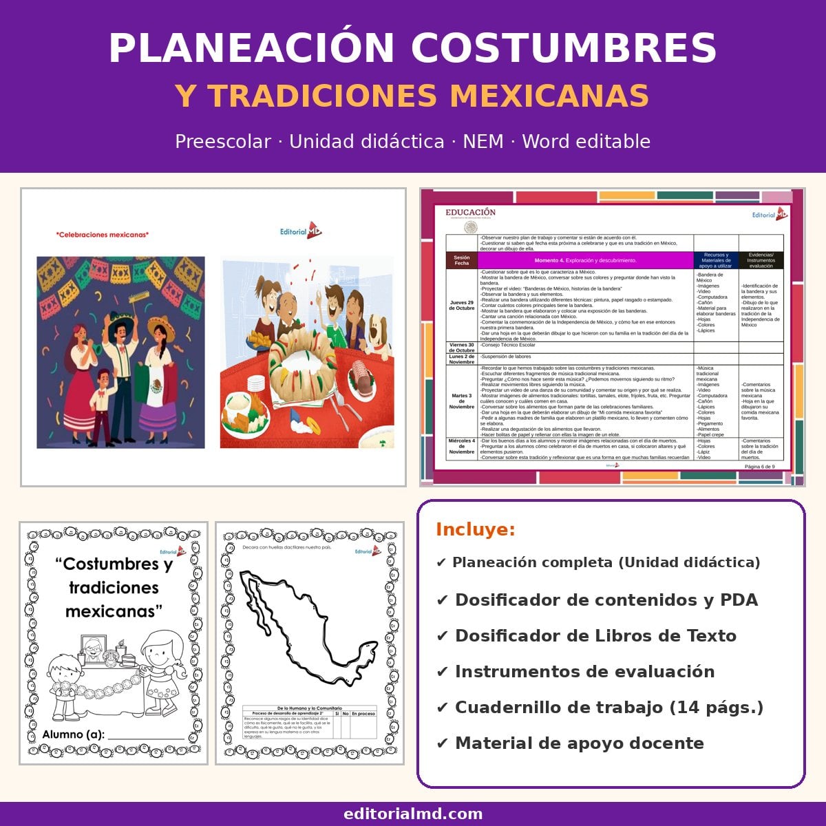 Planeación de Costumbres y Tradiciones Mexicanas para Preescolar 1 Portada de la planeación de costumbres y tradiciones para preescolar NEM, Unidad didáctica, Word editable
