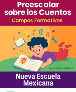 Un niño lee tumbado en el césped, rodeado de letras y colores flotantes. La imagen promueve la "Planificación de preescolar sobre los cuentos" y los campos formativos de la Nueva Escuela Mexicana, con los logotipos de Word y editorialmd.