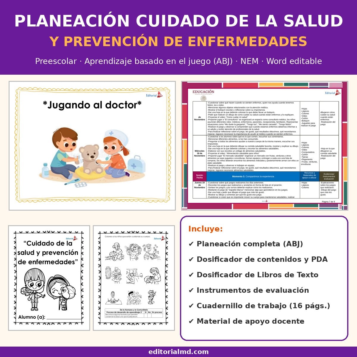 Planeación Cuidado de la Salud y Prevención de Enfermedades para Preescolar 1 Portada de la planeación cuidado de la salud preescolar NEM, Aprendizaje basado en el juego (ABJ), Word editable