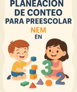 Dos niños pequeños juegan felices con bloques y números. Texto: "Planeación de Conteo para Preescolar (Por Proyectos) NEM". Descubra más en www.editorialmd.com. Ideal para tu planeación preescolar.