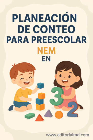 Dos niños pequeños juegan felices con bloques y números. Texto: "Planeación de Conteo para Preescolar (Por Proyectos) NEM". Descubra más en www.editorialmd.com. Ideal para tu planeación preescolar.