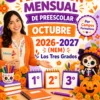 Maestra mostrando materiales y manualidades para la planificación de octubre del curso de educación infantil 2026-2027, ideal para profesores.