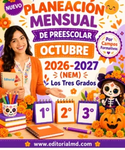 Maestra mostrando materiales y manualidades para la planificación de octubre del curso de educación infantil 2026-2027, ideal para profesores.