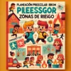 La ilustración de "Planeación Preescolar Sobre Zonas de Riesgo" muestra a niños practicando simulacros de emergencia con salidas de emergencia y llamas, y a sus maestros guiándolos. El texto de la portada está en español.