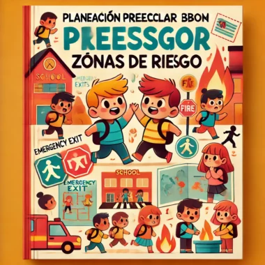 La ilustración de "Planeación Preescolar Sobre Zonas de Riesgo" muestra a niños practicando simulacros de emergencia con salidas de emergencia y llamas, y a sus maestros guiándolos. El texto de la portada está en español.