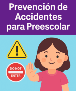 Una niña de cabello castaño levanta la mano en señal de alto junto a una señal de "NO ENTRAR" y un triángulo de advertencia. El texto superior dice: "Planificación de Prevención de Accidentes para Preescolar", haciendo hincapié en la planificación de seguridad para niños en edad preescolar.