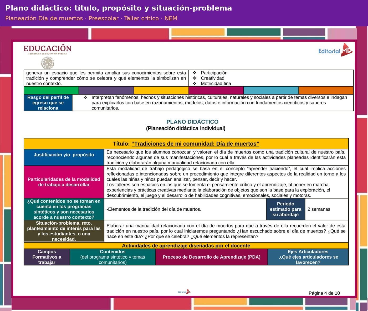 Planeación Día de Muertos para Preescolar | Taller Crítico NEM 3 Plano didáctico de la planeación de Día de Muertos para preescolar: título, propósito y situación-problema