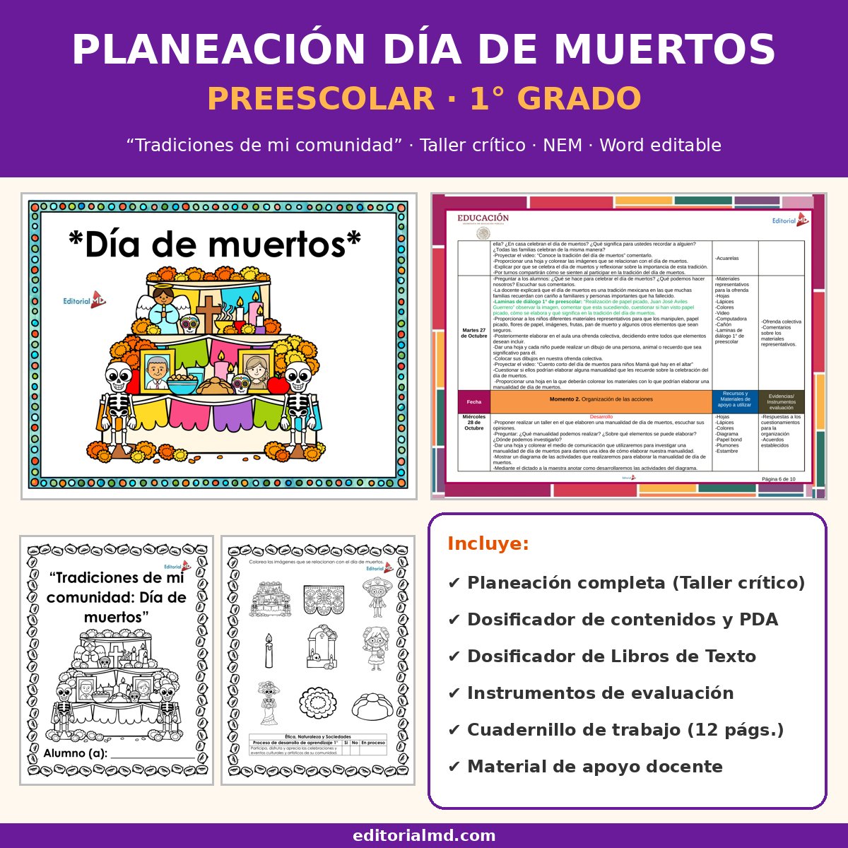 Planeación Día de Muertos para Preescolar | Taller Crítico NEM 1 Portada de la planeación de Día de Muertos para preescolar 1° grado, Taller crítico NEM, Word editable