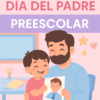 Ilustración de un padre y su hijo sonriendo; el niño sostiene un dibujo de un hombre con materiales de manualidades sobre la mesa. Texto: "Planificación para el Día del Padre en Preescolar (Taller Crítico)". Ideal para planificar actividades del Día del Padre en preescolar.