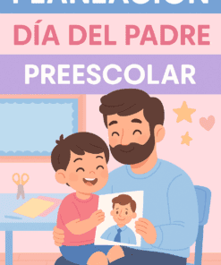 Ilustración de un padre y su hijo sonriendo; el niño sostiene un dibujo de un hombre con materiales de manualidades sobre la mesa. Texto: "Planificación para el Día del Padre en Preescolar (Taller Crítico)". Ideal para planificar actividades del Día del Padre en preescolar.