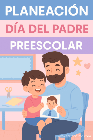 Ilustración de un padre y su hijo sonriendo; el niño sostiene un dibujo de un hombre con materiales de manualidades sobre la mesa. Texto: "Planificación para el Día del Padre en Preescolar (Taller Crítico)". Ideal para planificar actividades del Día del Padre en preescolar.