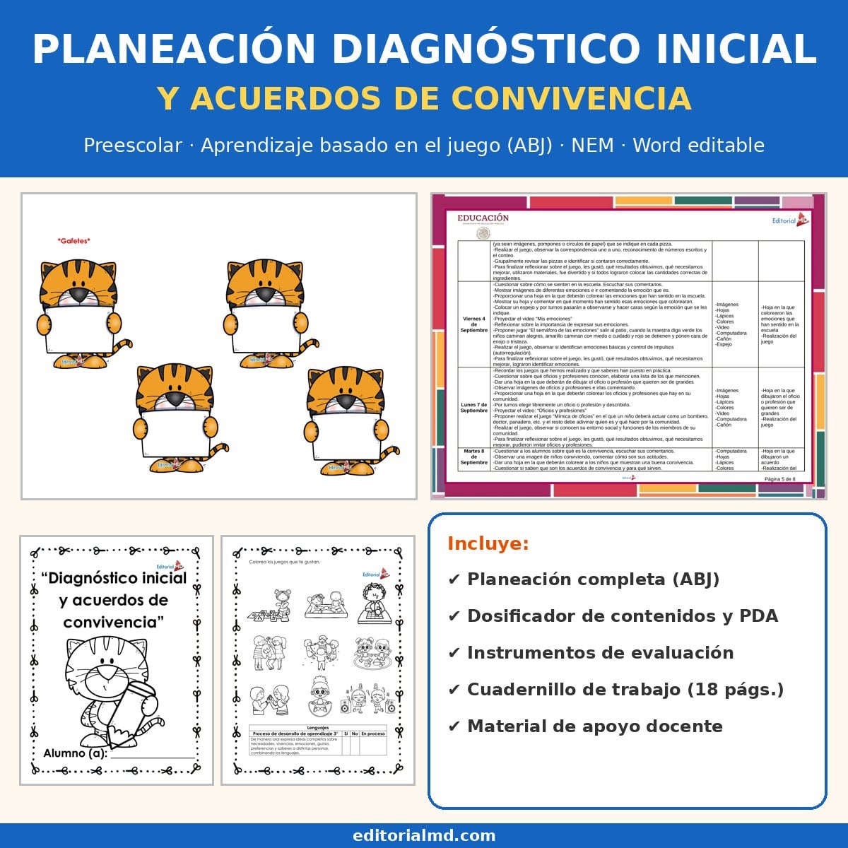 Planeación Diagnóstico Inicial y Acuerdos de Convivencia para Preescolar 1 Portada de la planeación diagnóstico preescolar NEM, Aprendizaje basado en el juego (ABJ), Word editable