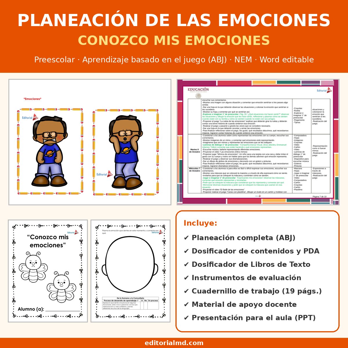 Planeación de las Emociones para Preescolar: Conozco mis Emociones 1 Portada de la planeación de las emociones preescolar NEM, Aprendizaje basado en el juego (ABJ), Word editable