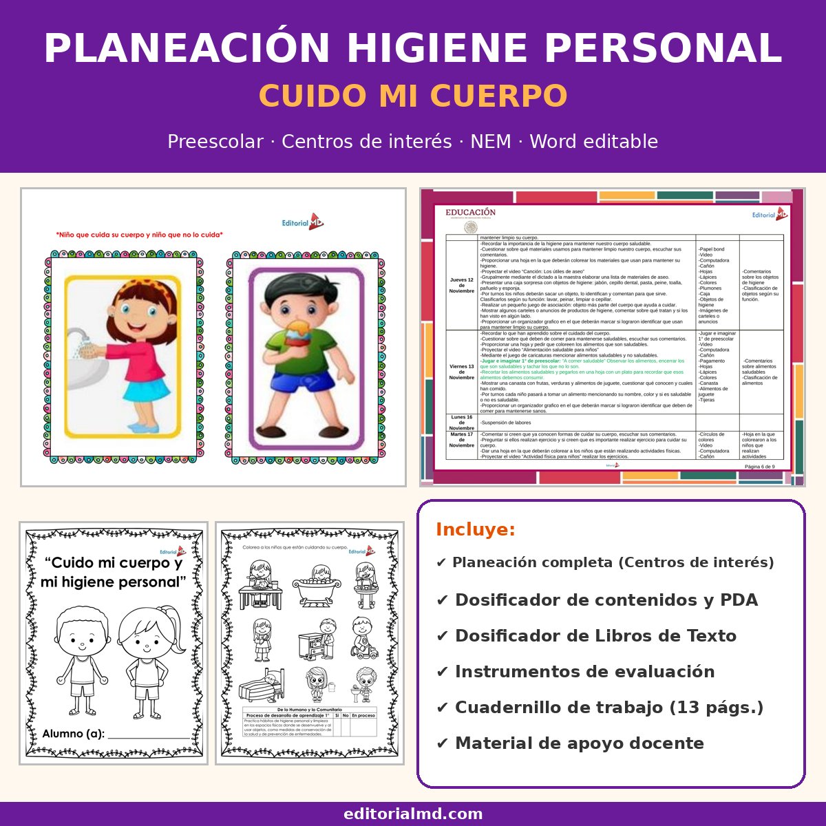 Planeación de Higiene Personal para Preescolar: Cuido mi Cuerpo 1 Portada de la planeación de higiene personal para preescolar NEM, Centros de interés, Word editable