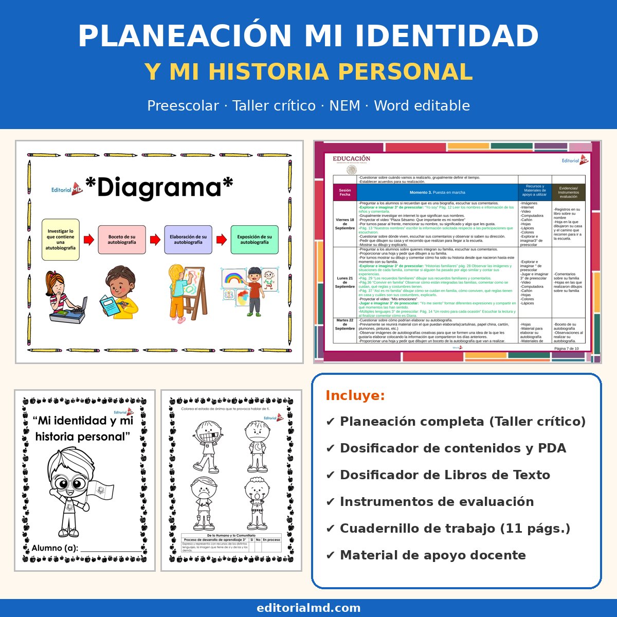 Planeación Mi Identidad y Mi Historia Personal para Preescolar 1 Portada de la planeación de identidad personal para preescolar NEM, Taller crítico, Word editable
