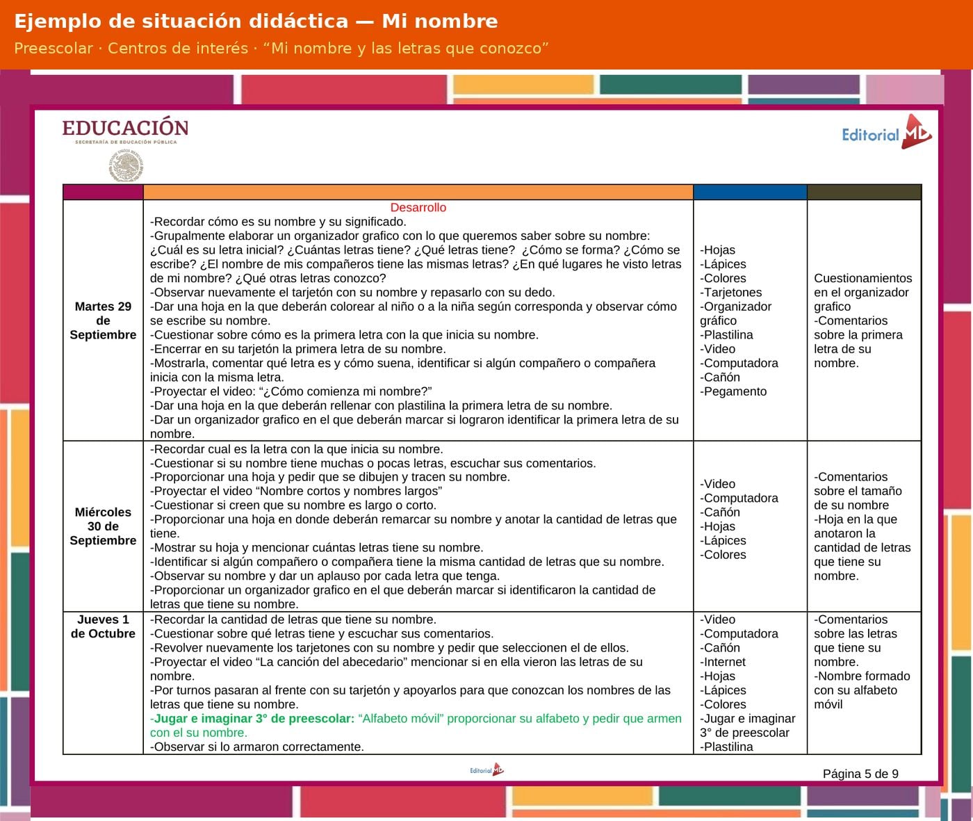Planeación Mi Nombre Propio y las Letras para Preescolar 12 Ejemplo de situación didáctica de la planeación Mi nombre y las letras que conozco para preescolar, modalidad Centros de interés, NEM