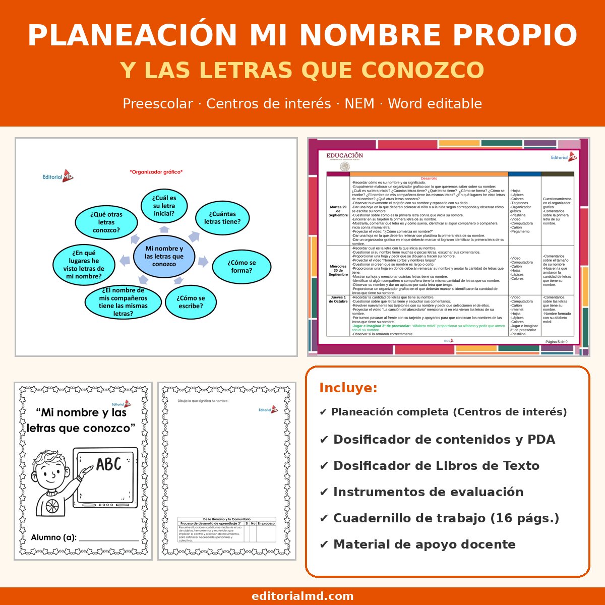 Planeación Mi Nombre Propio y las Letras para Preescolar 1 Portada de la planeación mi nombre propio preescolar NEM, Centros de interés, Word editable