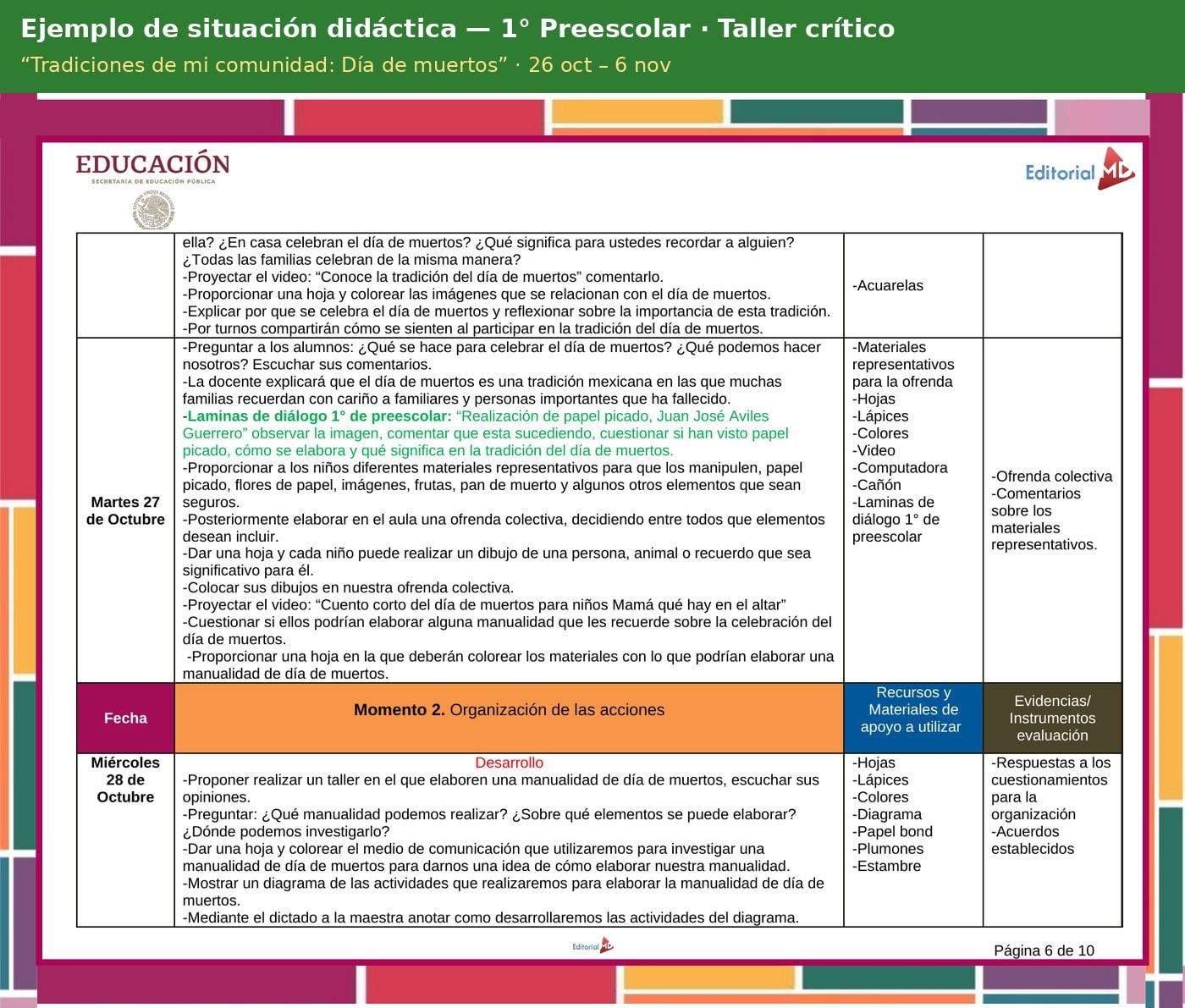 Planeación de Noviembre para Preescolar 2026-2027 NEM (1°, 2° y 3°) 76 Ejemplo de situación didáctica de la planeación de noviembre para 1° de preescolar, modalidad Taller crítico, tema “Tradiciones de mi comunidad: Día de muertos” (NEM 2026-2027)