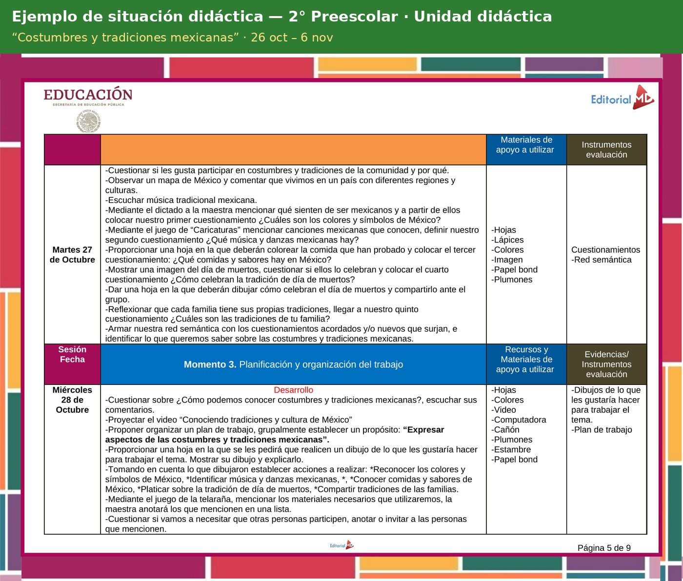 Planeación de Noviembre para Preescolar 2026-2027 NEM (1°, 2° y 3°) 78 Ejemplo de situación didáctica de la planeación de noviembre para 2° de preescolar, modalidad Unidad didáctica, tema “Costumbres y tradiciones mexicanas” (NEM 2026-2027)