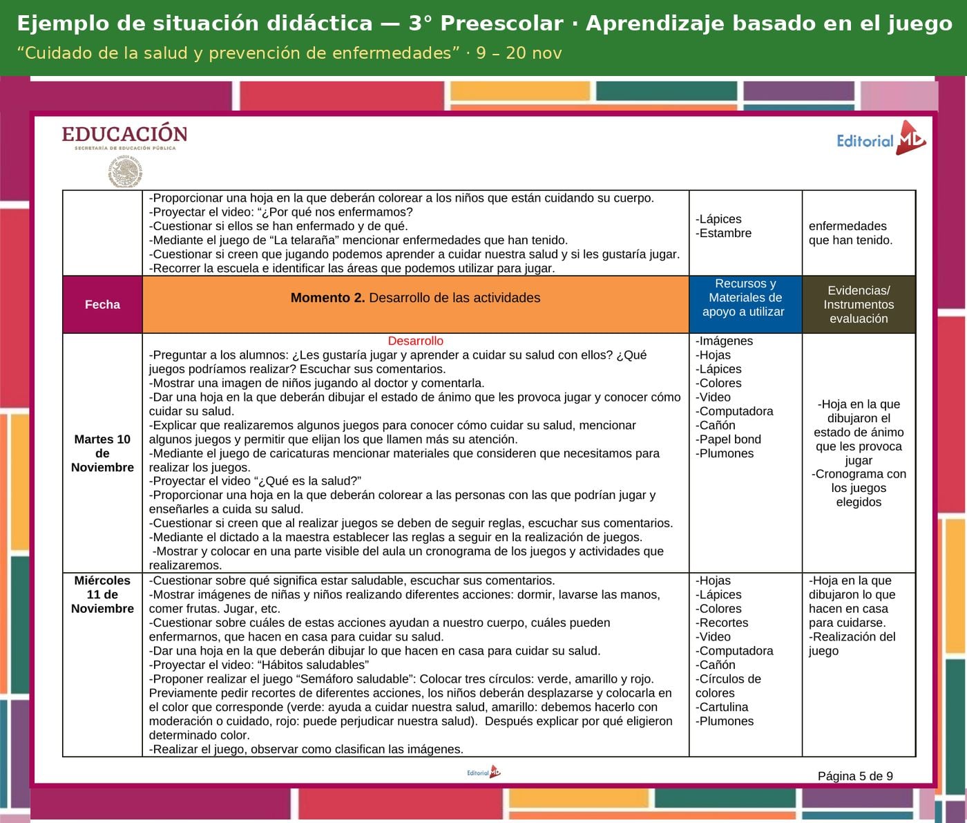 Planeación de Noviembre para Preescolar 2026-2027 NEM (1°, 2° y 3°) 81 Ejemplo de situación didáctica de la planeación de noviembre para 3° de preescolar, modalidad Aprendizaje basado en el juego (ABJ), tema “Cuidado de la salud y prevención de enfermedades” (NEM 2026-2027)