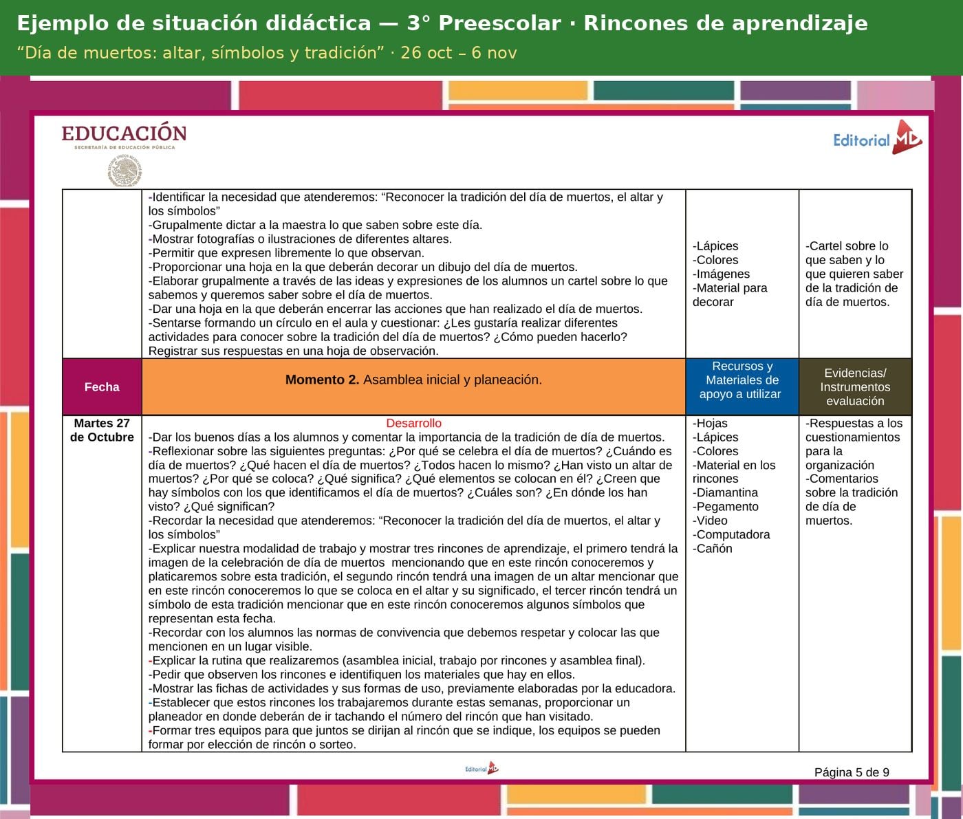Planeación de Noviembre para Preescolar 2026-2027 NEM (1°, 2° y 3°) 80 Ejemplo de situación didáctica de la planeación de noviembre para 3° de preescolar, modalidad Rincones de aprendizaje, tema “Día de muertos: altar, símbolos y tradición” (NEM 2026-2027)